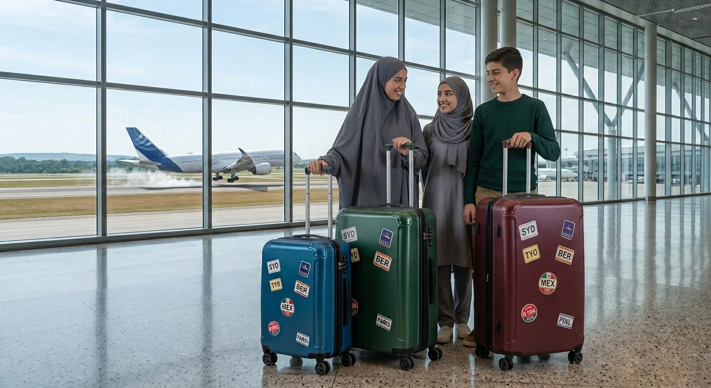 Tiga orang membawa koper dengan berbagai ukuran di bandara